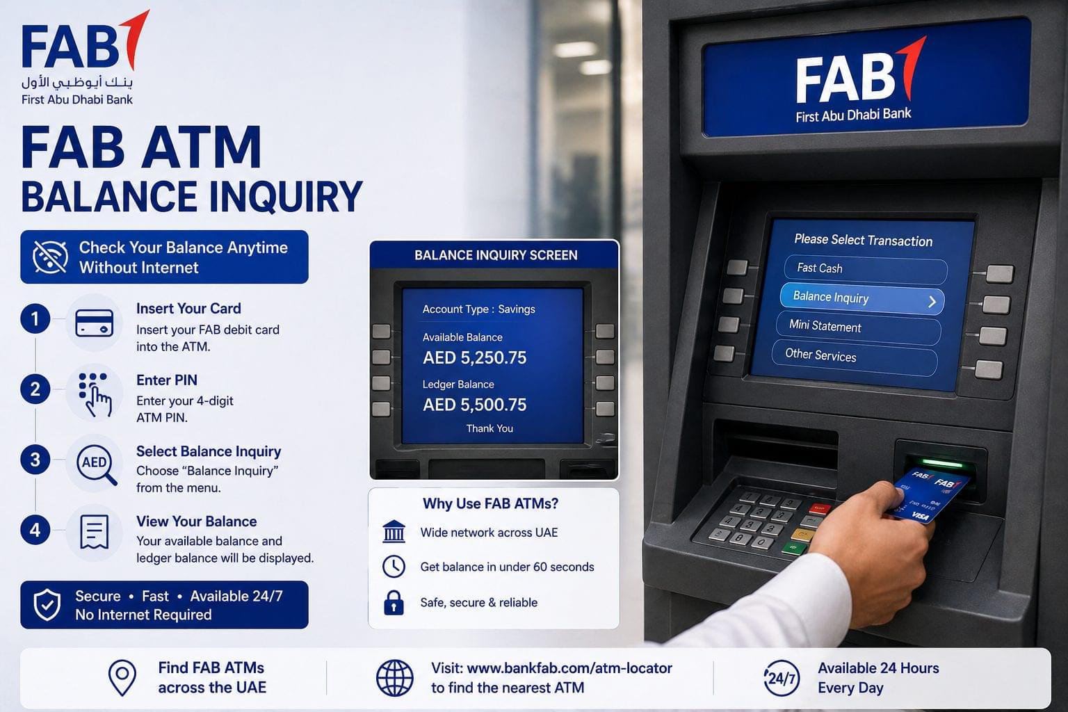 FAB Bank Balance Check 10 Methods 2026 5 FAB ATM balance inquiry screen showing available balance AED 5,250.75 and ledger balance AED 5,500.75 with 4-step process — insert card, enter PIN, select balance inquiry, view balance
