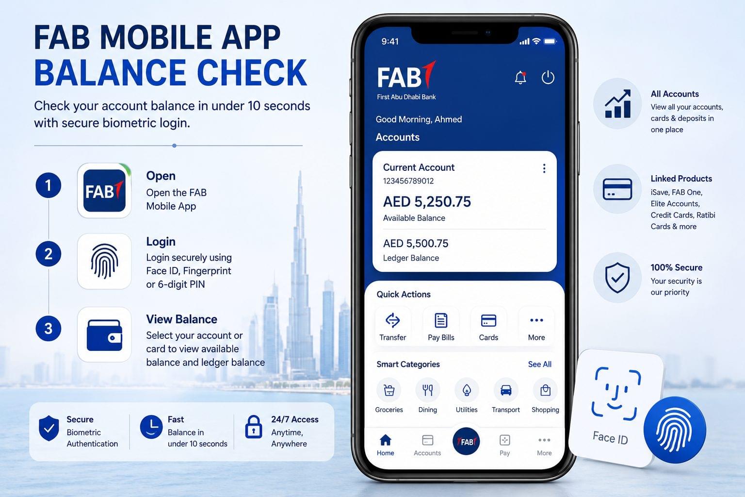 FAB Bank Balance Check 10 Methods 2026 2 FAB Mobile App balance check screen showing available balance AED 5,250.75 and ledger balance AED 5,500.75 with biometric login and smart categories
