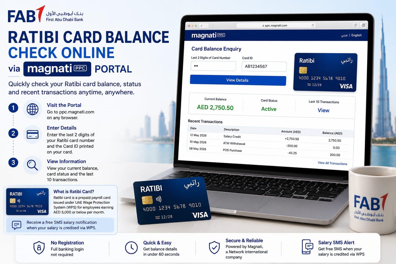 FAB Bank Balance Check 10 Methods 2026 4 Ratibi card balance check online via Magnati PPC portal at ppc.magnati.com showing current balance AED 2,750.50, active card status, and last 10 transactions for FAB prepaid payroll card