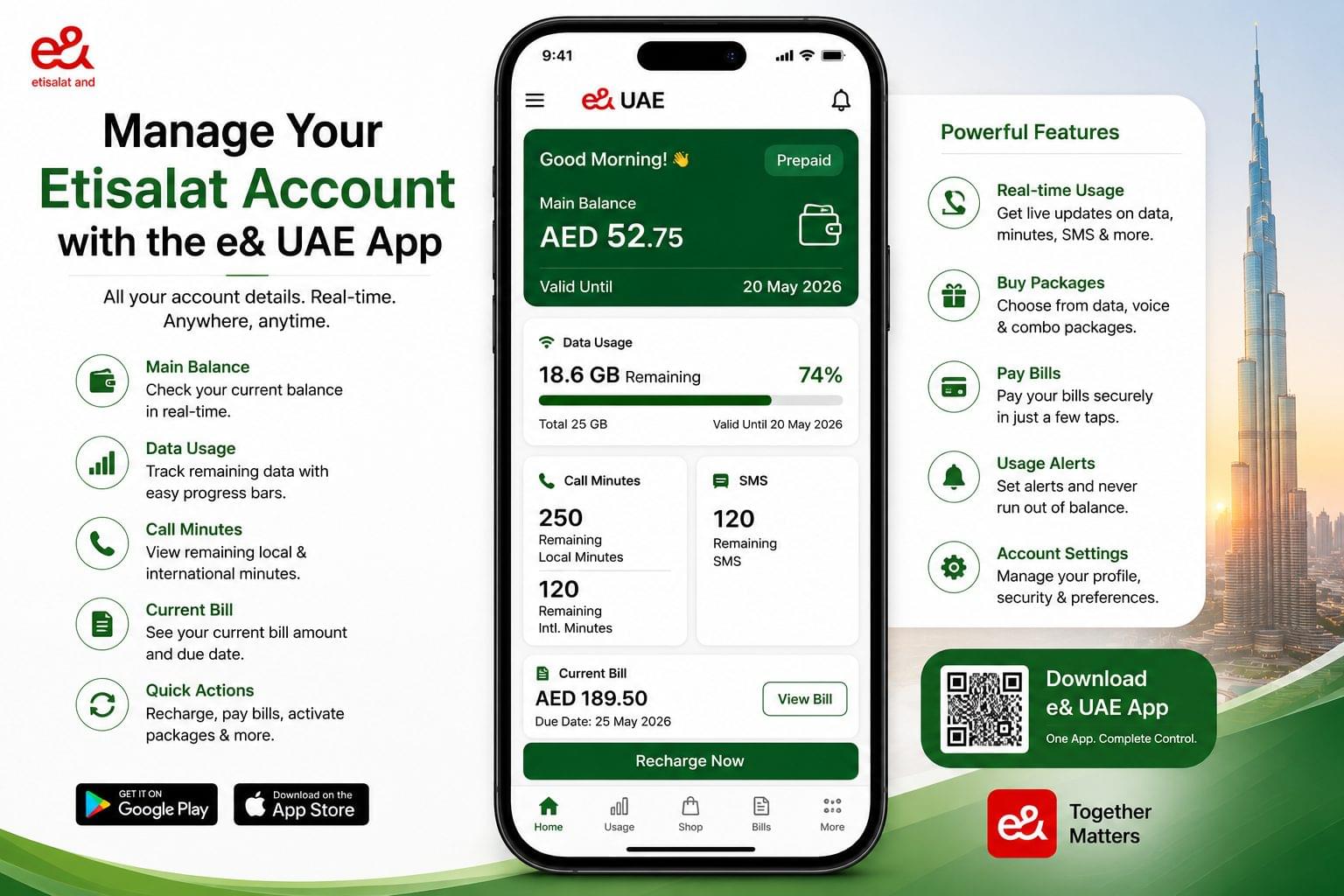Etisalat Balance Check: 6 Fast Ways to Check in 2026 3 e& UAE app dashboard showing Etisalat balance, data usage, call minutes, current bill, and recharge options