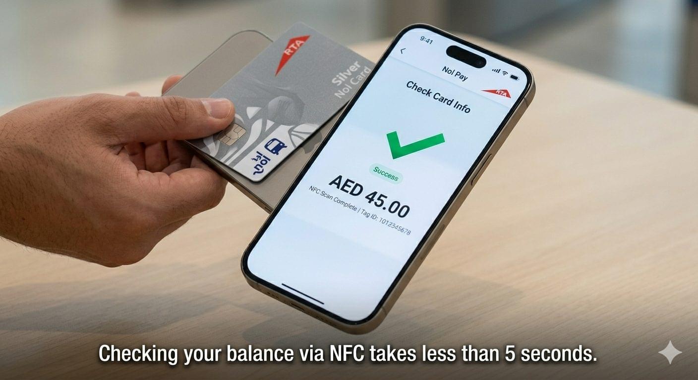 Hands holding Silver Nol Card against smartphone back scanning via NFC with Nol Pay app displaying successful balance check AED 45.00 on screen