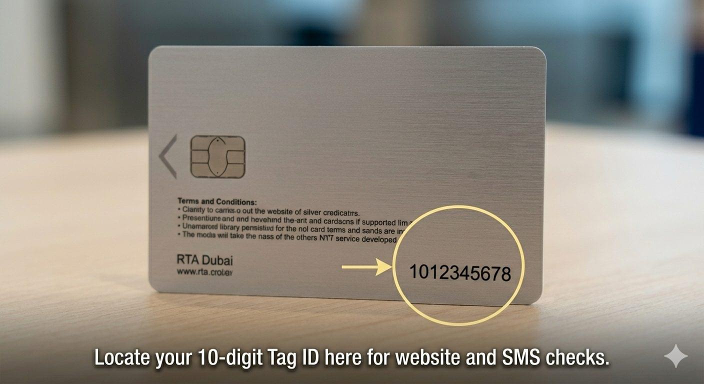 Back of RTA Dubai Silver Nol Card showing 10-digit Tag ID number 1012345678 circled for website and SMS balance checks
