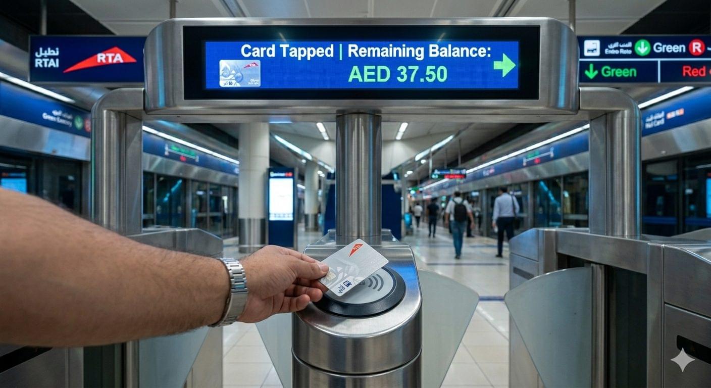 Modern Dubai Metro station entrance at sunset with RTA branding and text overlay reading Nol Card Balance 8 Instant Ways to Check in 2026