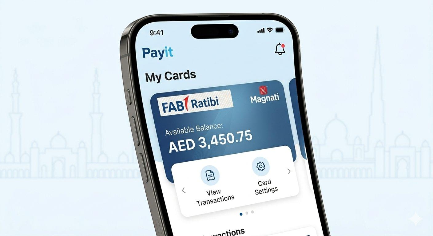 Payit mobile app My Cards screen displaying FAB Ratibi Magnati prepaid card with available balance AED 3,450.75 and transaction view options
