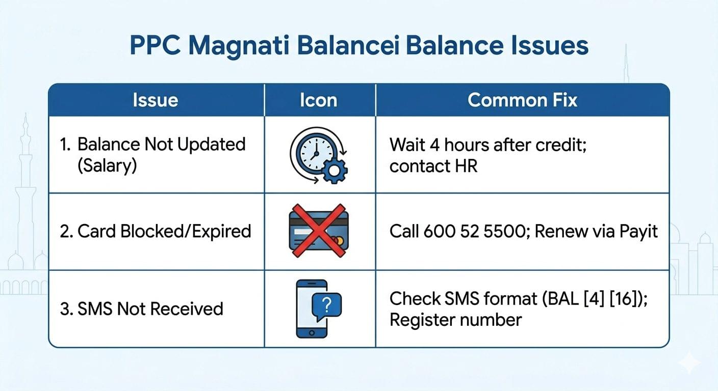 PPC Magnati balance issues troubleshooting table showing 3 common problems: salary not updated, card blocked or expired, and SMS not received with solutions