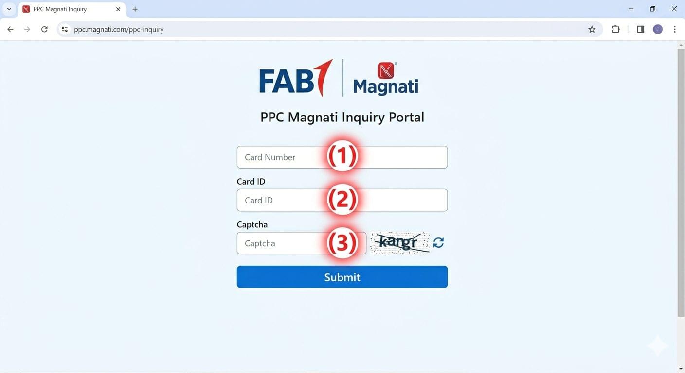 PPC Magnati online inquiry portal at ppc.magnati.com showing card number input field, Card ID field, and captcha verification for balance check