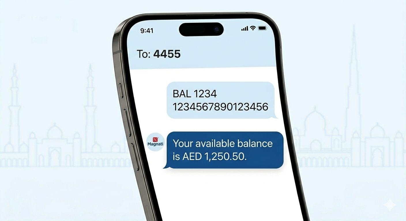 SMS balance inquiry showing message format BAL 1234 1234567890123456 sent to 4455 with response displaying available balance AED 1,250.50 from Magnati