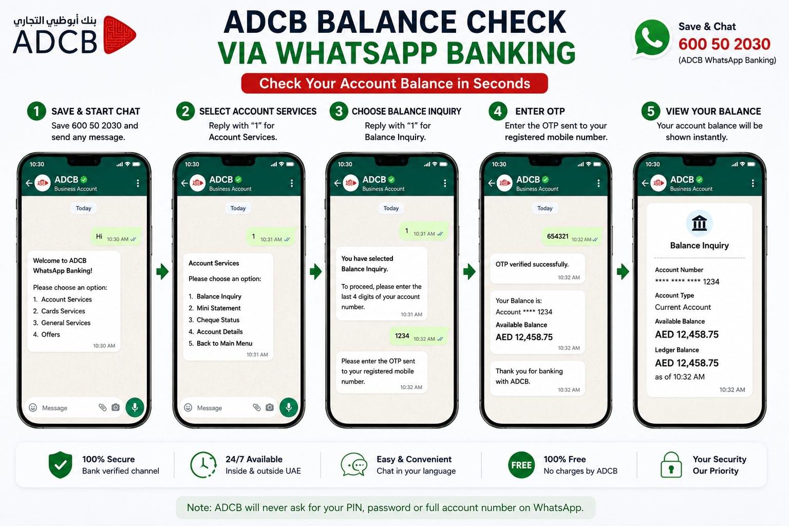 How to check ADCB account balance through WhatsApp Banking using OTP verification and account balance enquiry