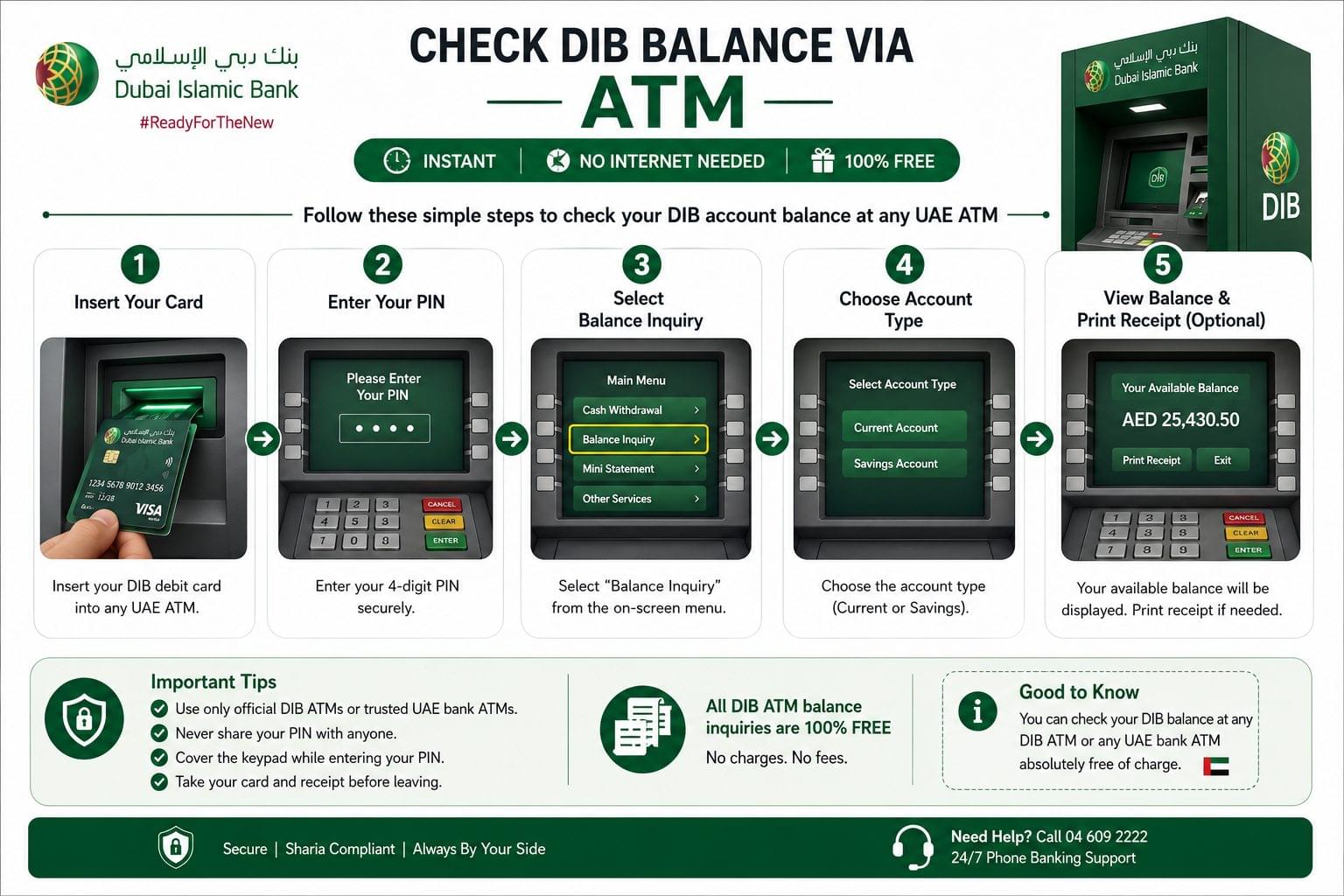 Dubai Islamic Bank ATM balance inquiry process showing insert card, enter PIN, select balance inquiry and view account balance