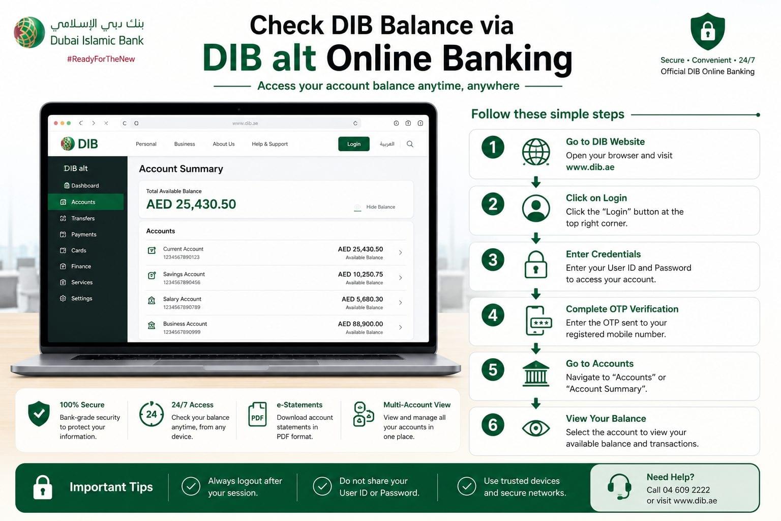 Dubai Islamic Bank online banking dashboard showing account summary and balance inquiry process
