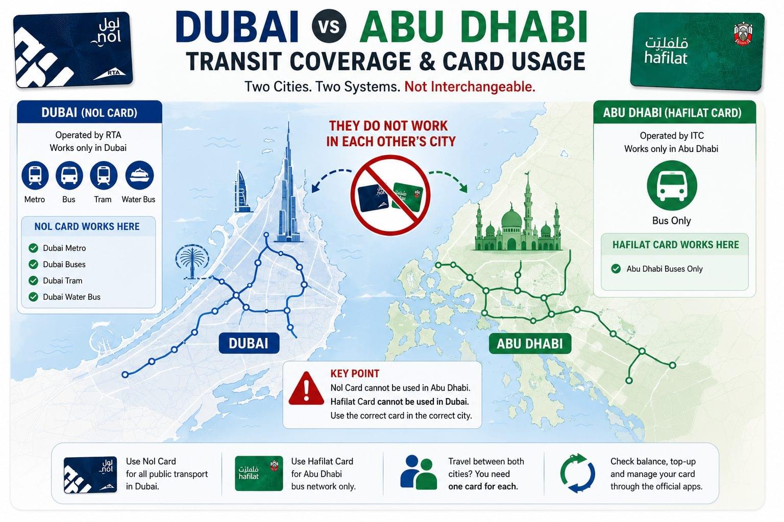 Dubai and Abu Dhabi transit map showing Nol Card and Hafilat Card coverage