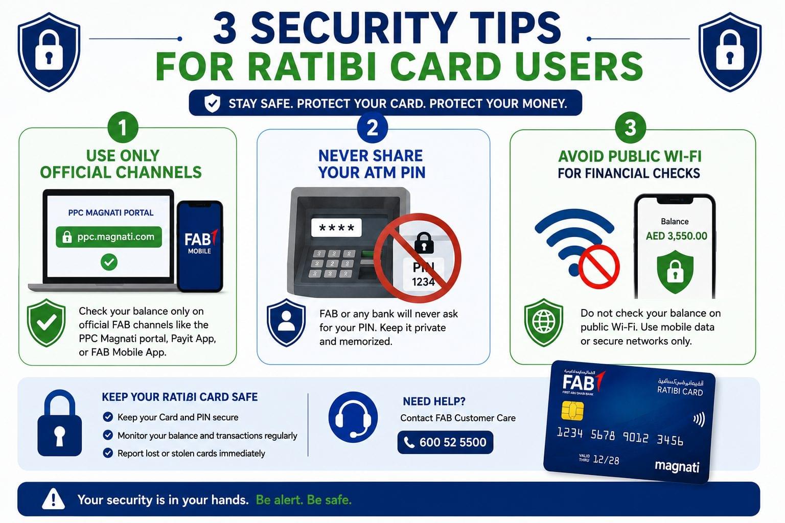 Three security tips for FAB Ratibi Card users including official channels, PIN protection, and avoiding public Wi-Fi