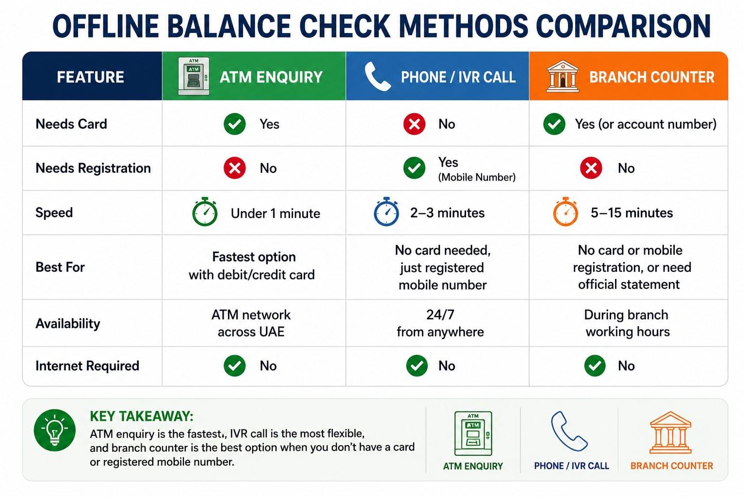 Comparison of ATM, IVR phone and branch methods for checking UAE bank balance offline